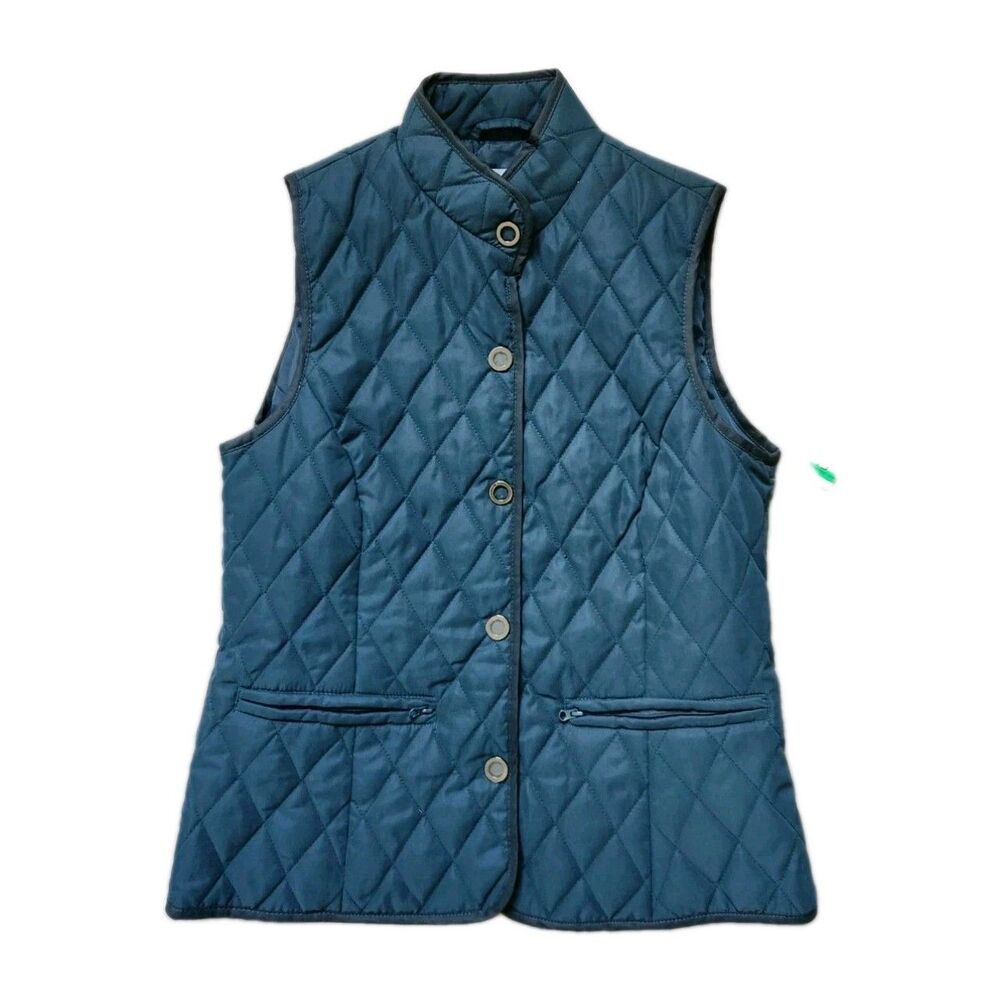 NWT Jaclyn Smith Blue Quilted Vest Mock Neck Snap Front Zip Pockets Sz S